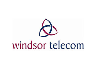 Windsor Telecom logo: A sleek and modern design featuring the company's name in bold letters with a blue and red symbol above it.