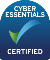 Cyber Essentials certified logo, a shield with a tick mark and text "Cyber Essentials Certified" in blue and white colours.