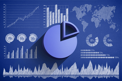 A blue background with various data visualizations, including bar charts, pie charts, a world map, a line graph, percentage indicators, and a 3D pie chart in the centre presents a comprehensive view of the data.
