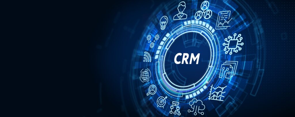 Customer relationship management (CRM) visualisation surrounded by logos for data, customer management, technology