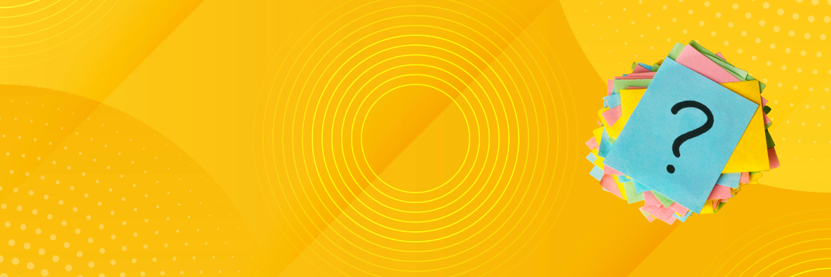 Yellow background with circles and colorful sticky notes, the top one featuring a large question mark