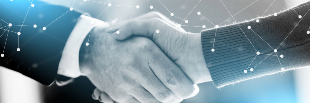 Business handshake between UK B2B professional individuals with digital network overlay representing collaboration with high quality UK B2B data provider